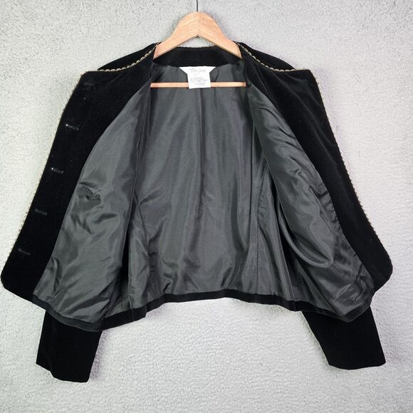 Tan Jay Black Velvet Blazer Gold Trim Metallic Buttons 14 Elegant - Picture 7 of 16